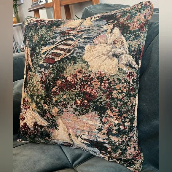 Vintage Tapestry Accent Throw Pillow Victorian Sail Boats Nautical - Picture 8 of 10
